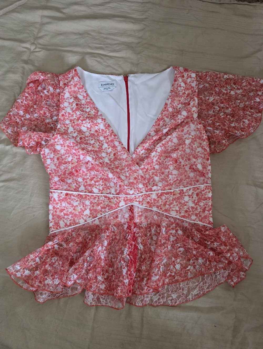 bebe Coral Pink Floral Lace Peplum Blouse